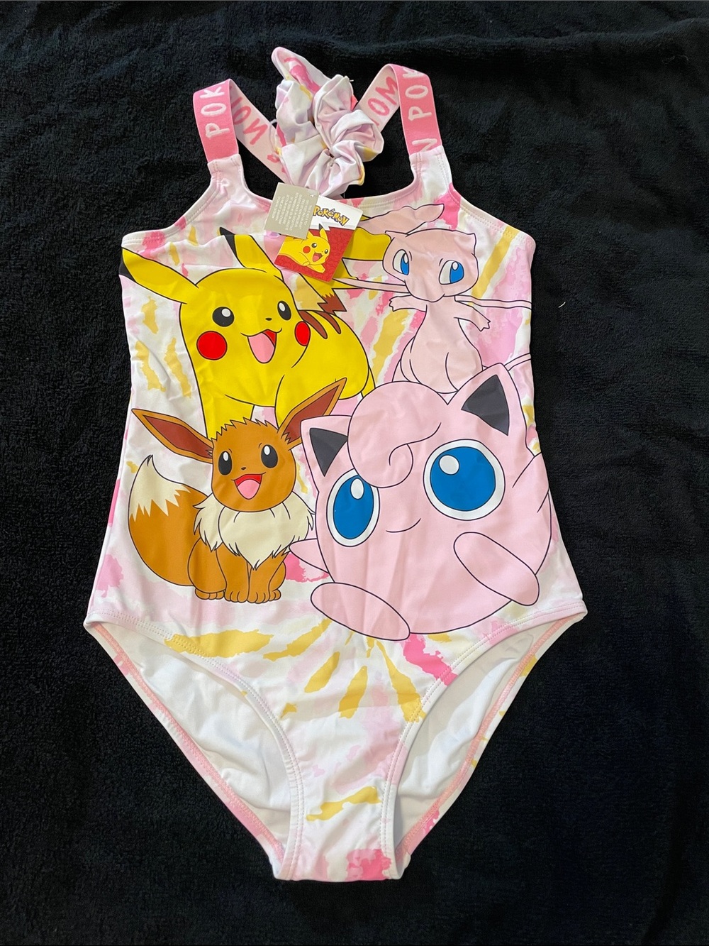 Pokemon Pink Tie-Dye One-Piece Swimsuit with Pikachu & Friends and scrunchie nwt